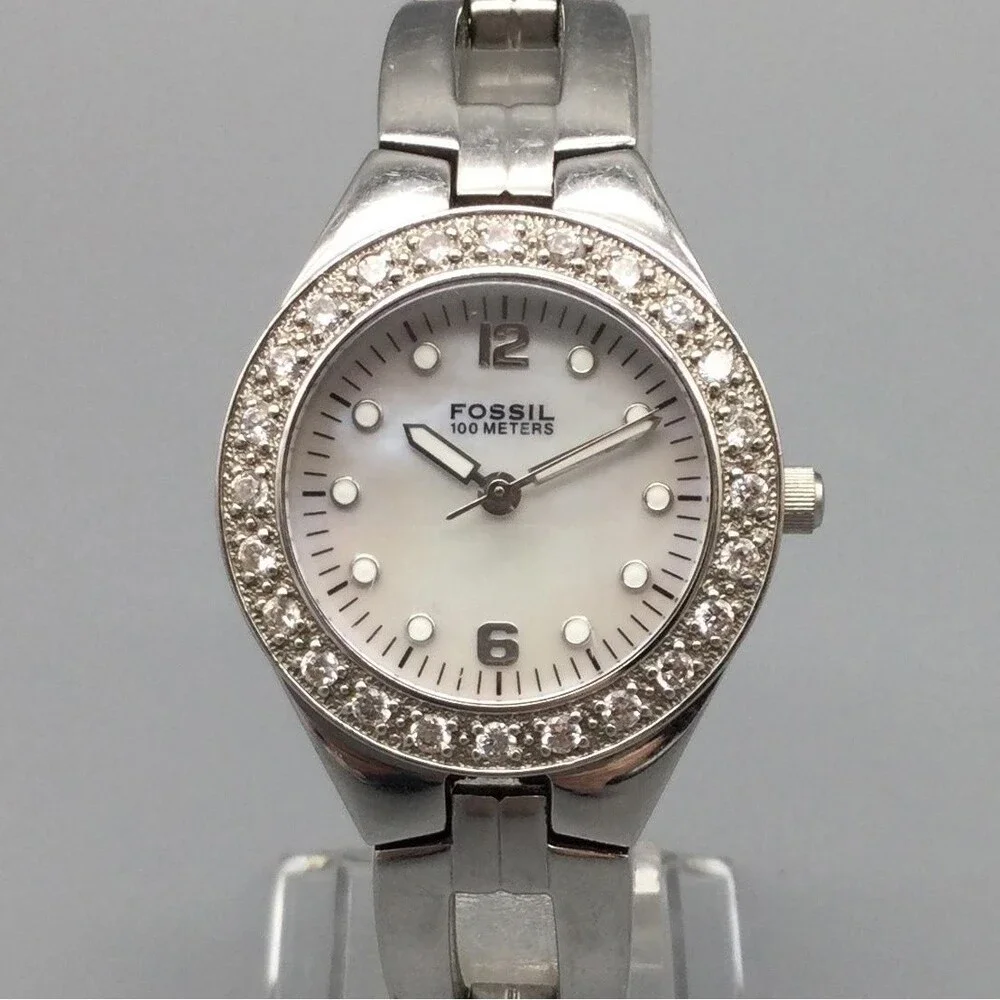 Fossil Womens Watch 29mm MOP Crystal Bezel 100M Stainless New Battery 6.75